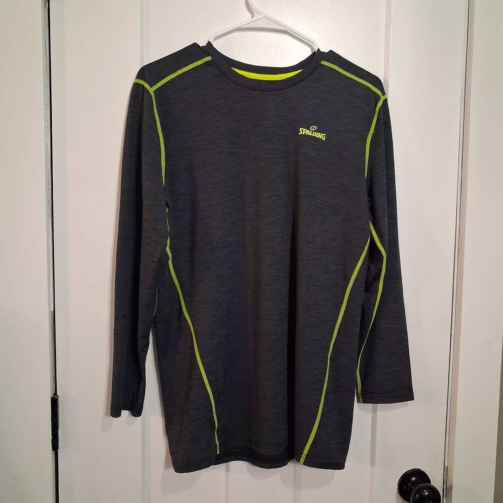 Spalding Dri-Power Shirt Boys XL Gray Neon Green Compression Active Gym Workout